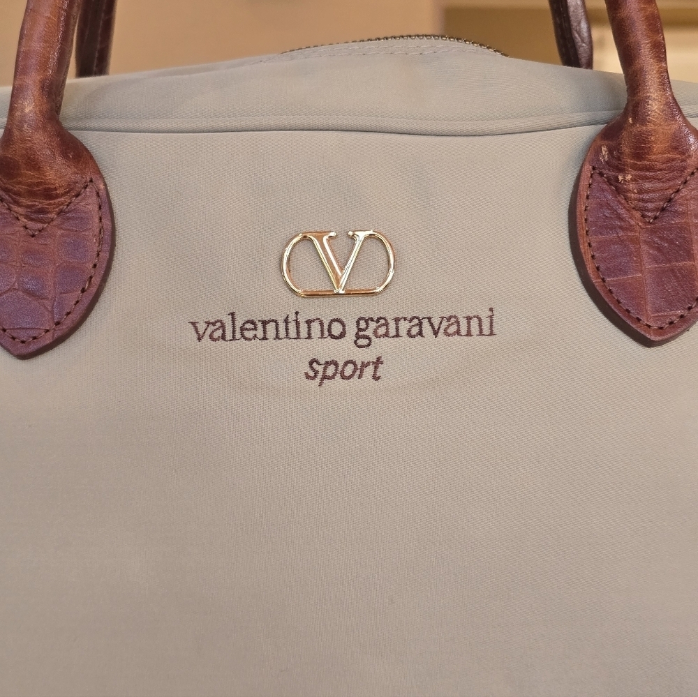 Valentino Garavani Sport Boston Khaki Nylon Brown Leather Trim Satchel - Picture 9 of 14